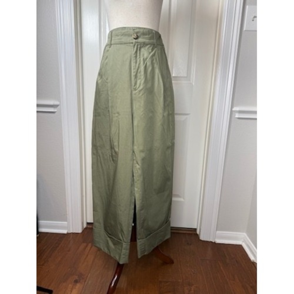 Club Monaco Womens Olive Green Wide Leg Cuffed Pleated Cotton Trousers Size 10